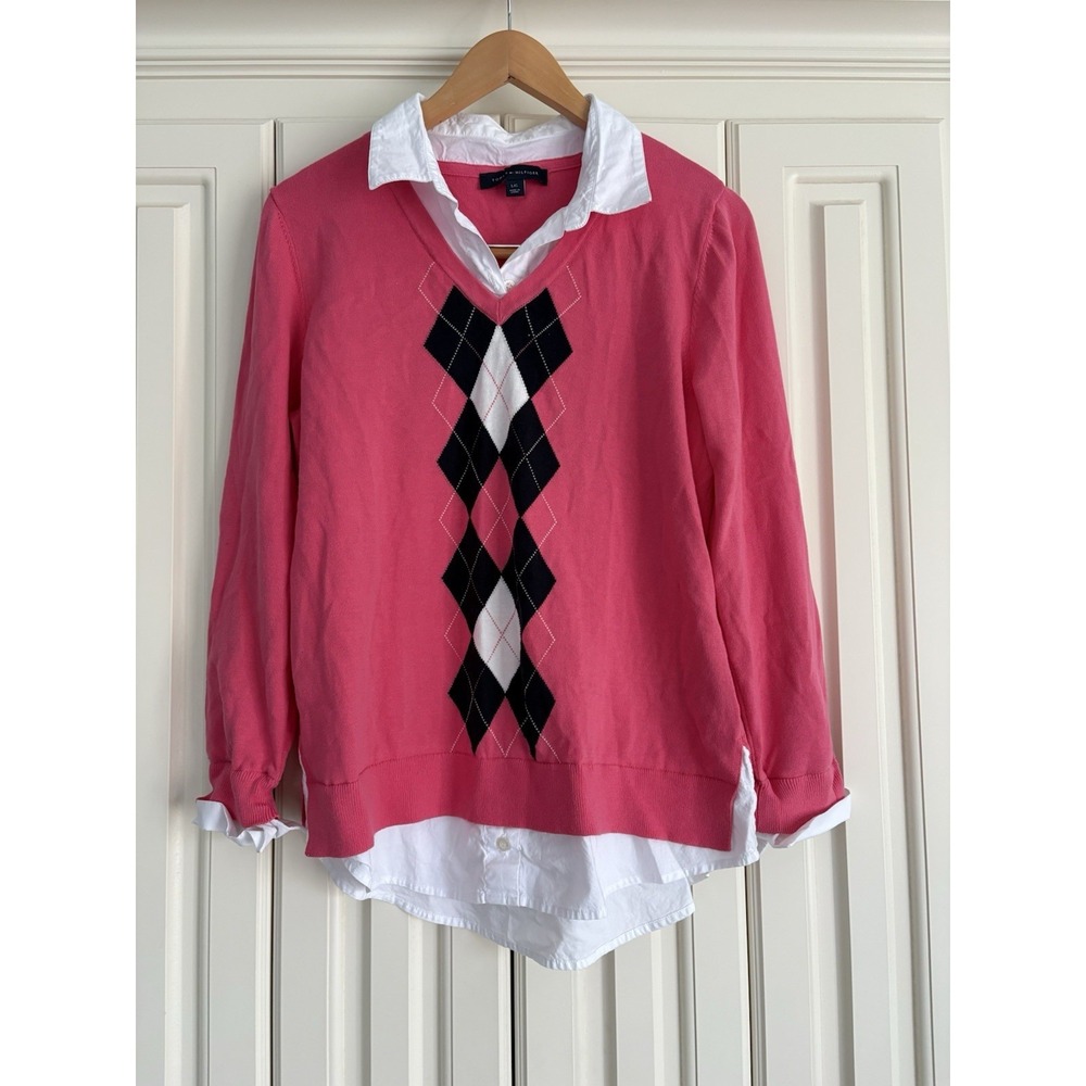 Tommy Hilfiger V Neck Collared Diamond Print Sweater Size Large NWOT Office